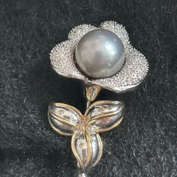 Gorgeous Sterling and Gold Tahitian Pearl Brooch